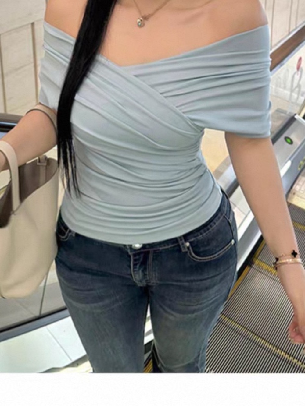 Ruched Off-Shoulder Crossover Camisole in Soft Blue